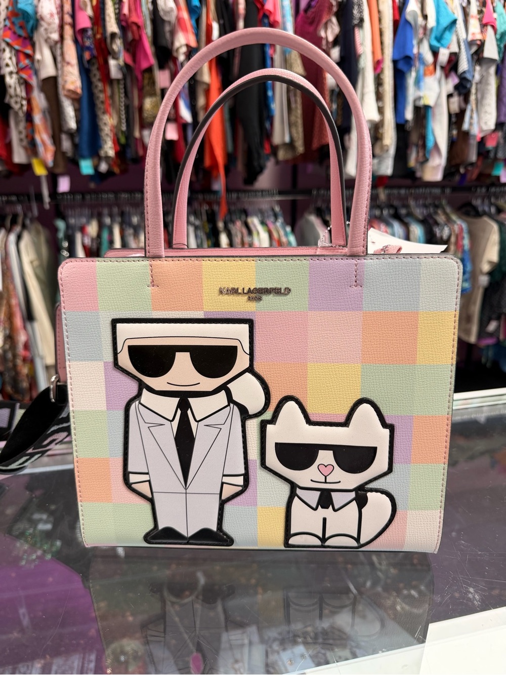 Karl Lagerfeld Pastel Checkered Satchel with Character Appliqués
